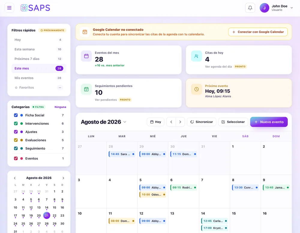 Vista de agenda mensual de SAPS con las citas del equipo